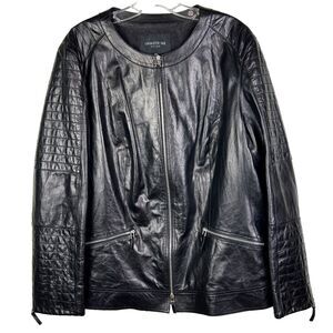 Lafayette 148 Leather Moto Jacket Black Full Zip Quilted Slv Silk Cotton Line 16